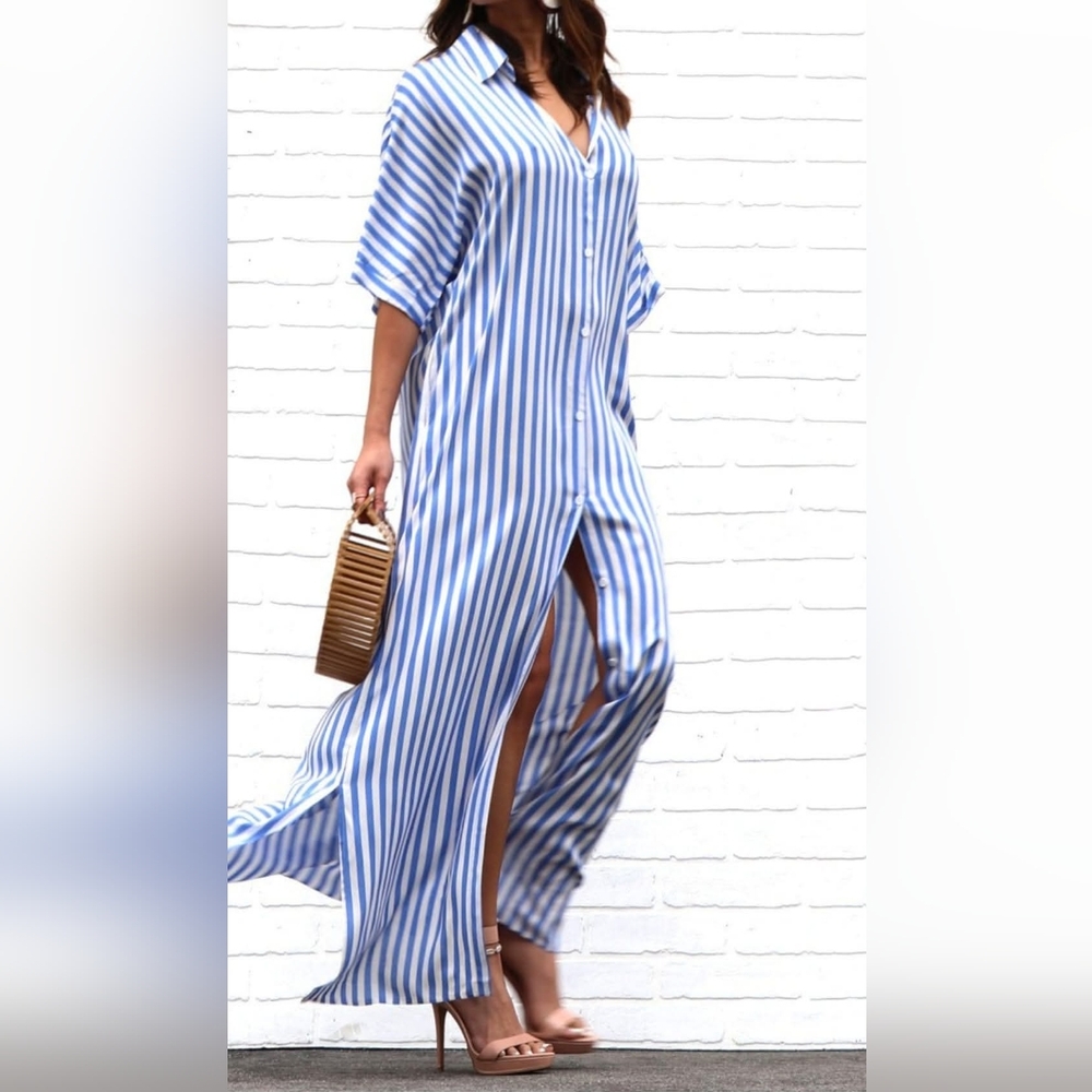 Blue and White Striped Maxi Shirt Dress